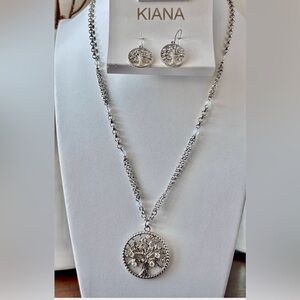 Kiana Tree Of Life silvertone pendant/chain,iridescent white beads,earrings